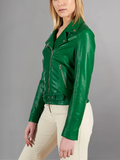 Women Green Cafe Racer Style Biker Genuine Leather Jacket