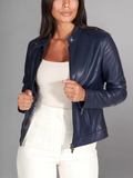 Custom Made Navy Blue Leather Motorcycle Jacket for Women