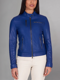 Blue natural leather biker jacket four zipper pockets