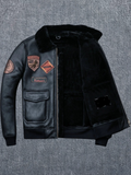 Aviator Black Leather Jacket Integrated Embroidery