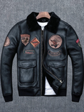 Aviator Black Leather Jacket Integrated Embroidery