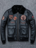 Aviator Black Leather Jacket Integrated Embroidery