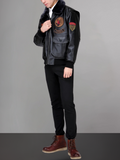 Aviator Black Leather Jacket Integrated Embroidery