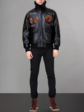 Aviator Black Leather Jacket Integrated Embroidery