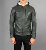 Baston Black Hooded Leather Bomber Jacket