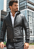 Black Hoodie Leather Biker Jacket for Men With Skull
