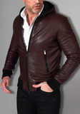 Black Hoodie Leather Biker Jacket for Men With Skull
