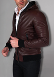 Black Hoodie Leather Biker Jacket for Men With Skull
