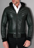 Black Hoodie Leather Biker Jacket for Men With Skull
