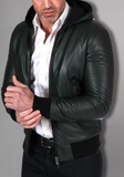 Black Hoodie Leather Biker Jacket for Men With Skull
