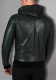 Black Hoodie Leather Biker Jacket for Men With Skull
