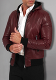 Black Hoodie Leather Biker Jacket for Men With Skull
