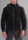 Black Hoodie Leather Biker Jacket for Men With Skull
