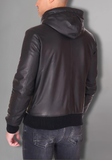 Black Hoodie Leather Biker Jacket for Men With Skull
