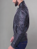 Black Short Collar Biker Genuine Sheepskin Leather Jacket