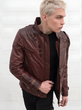 Black Short Collar Biker Genuine Sheepskin Leather Jacket