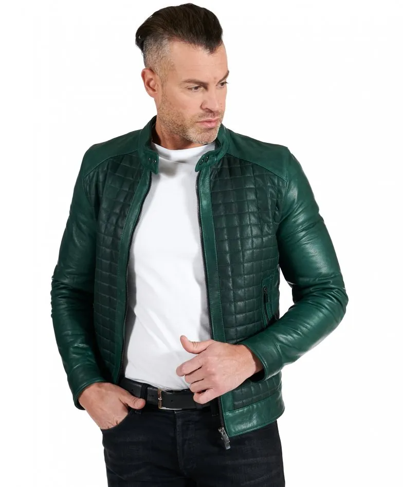 Black nappa lamb leather biker jacket checked quilted