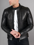 Black nappa lamb leather biker jacket checked quilted