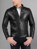 Black nappa lamb leather biker jacket checked quilted