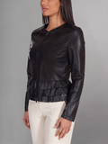Black nappa lamb leather jacket waist flounces