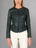 Black nappa lamb leather jacket waist flounces