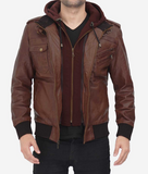 Bomber Brown Leather Jacket With Hood