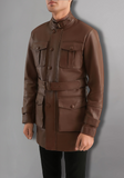 Dark Brown Button Pocket Leather Jacket
