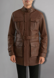 Dark Brown Button Pocket Leather Jacket
