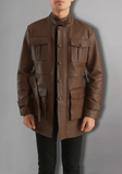 Dark Brown Button Pocket Leather Jacket
