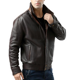 Dark Brown Double Collar Bomber Leather Jacket for Mens