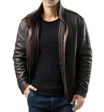 Dark Brown Double Collar Bomber Leather Jacket for Mens