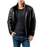 Dark Brown Double Collar Bomber Leather Jacket for Mens