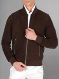 Dark brown suede leather bomber jacket