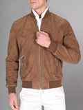 Dark brown suede leather bomber jacket