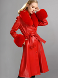 FAUX FUR GENUINE LEATHER COAT IN RED