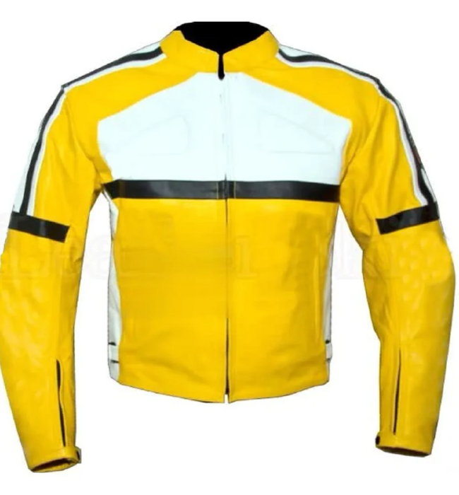 Men's Yellow White Biker Racing Leather Jacket