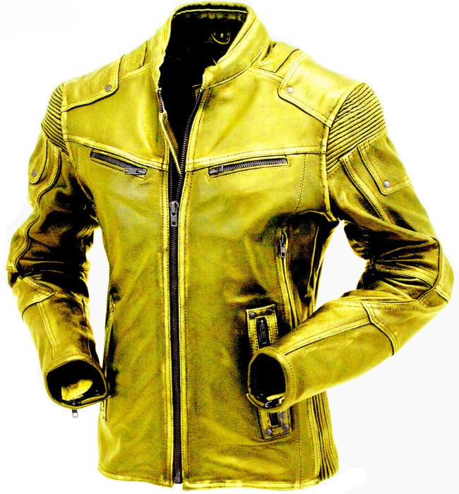 Men Yellow Vintage Motorcycle Cafe Racer Leather Jacket