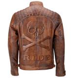 Men’s Biker Vintage Distressed White Leather Jacket with Embossed Skull
