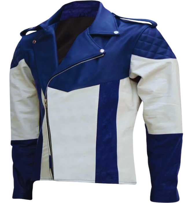 Mens Blue and White Motorcycle Leather Jacket