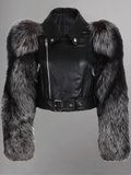 Leather Biker Jacket With Fluffy Fur Sleeves