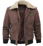 Men Brown Suede Leather Shearling Collar Bomber Jacket