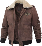 Men Brown Suede Leather Shearling Collar Bomber Jacket