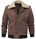 Men Brown Suede Leather Shearling Collar Bomber Jacket