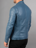 Men Lambskin Classic Zipper Jacket Slim Fit Biker Blue Jacket