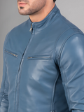 Men Lambskin Classic Zipper Jacket Slim Fit Biker Blue Jacket