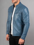 Men Lambskin Classic Zipper Jacket Slim Fit Biker Blue Jacket