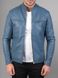 Men Lambskin Classic Zipper Jacket Slim Fit Biker Blue Jacket