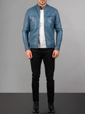 Men Lambskin Classic Zipper Jacket Slim Fit Biker Blue Jacket