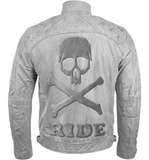 Men’s Biker Vintage Distressed White Leather Jacket with Embossed Skull