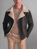 Men’s Black Leather White Shearling Collar Jacket